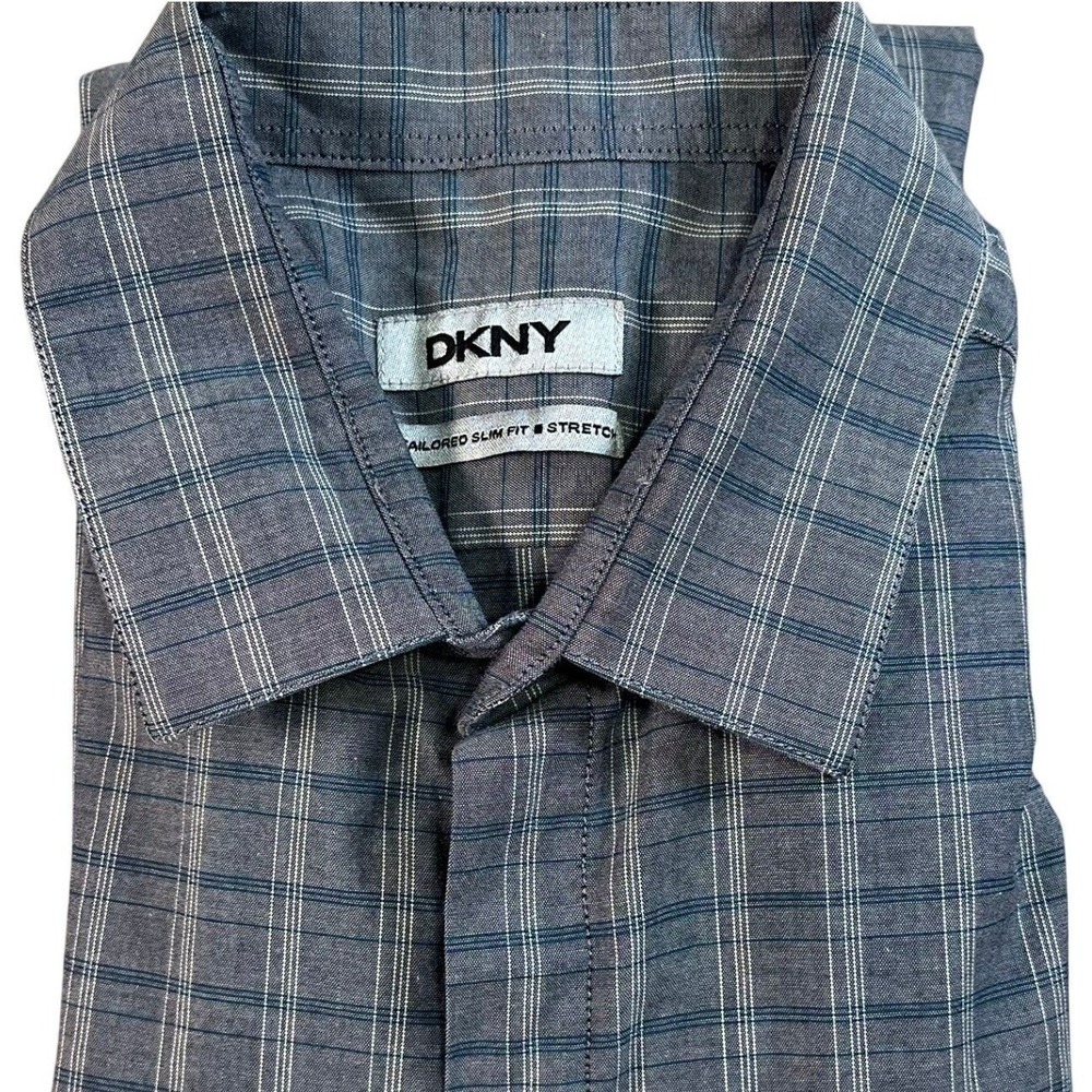 DKNY Button Down Shirt Grey Blue Plaid Tailored Slim Fit Stretch 15.5 34/35